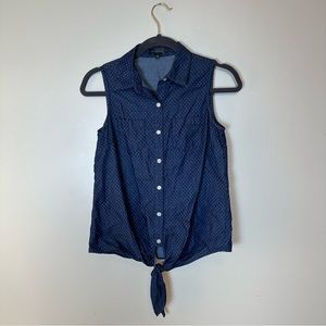 The Limited blue polka dot sleeveless blouse button up tie